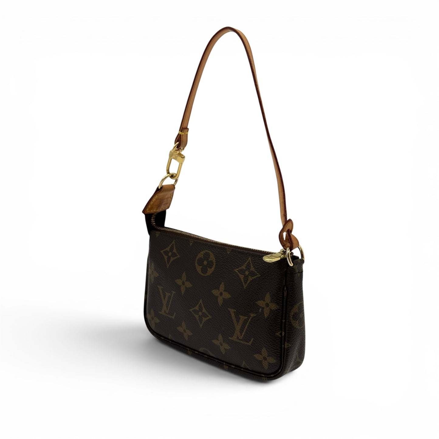 Pochette Accessoires Borse Vintage in tela Monogram marrone con finiture in vacchetta e tracolla rimovibile