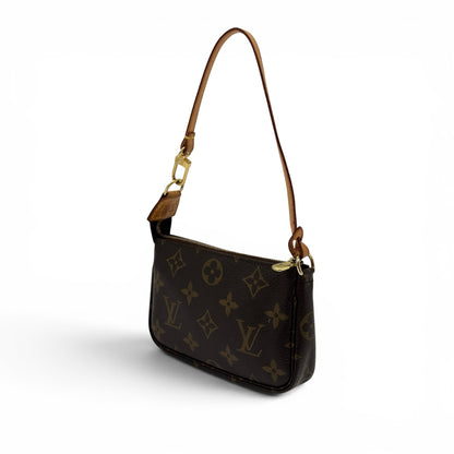 Pochette Accessoires Borse Vintage in tela Monogram marrone con finiture in vacchetta e tracolla rimovibile