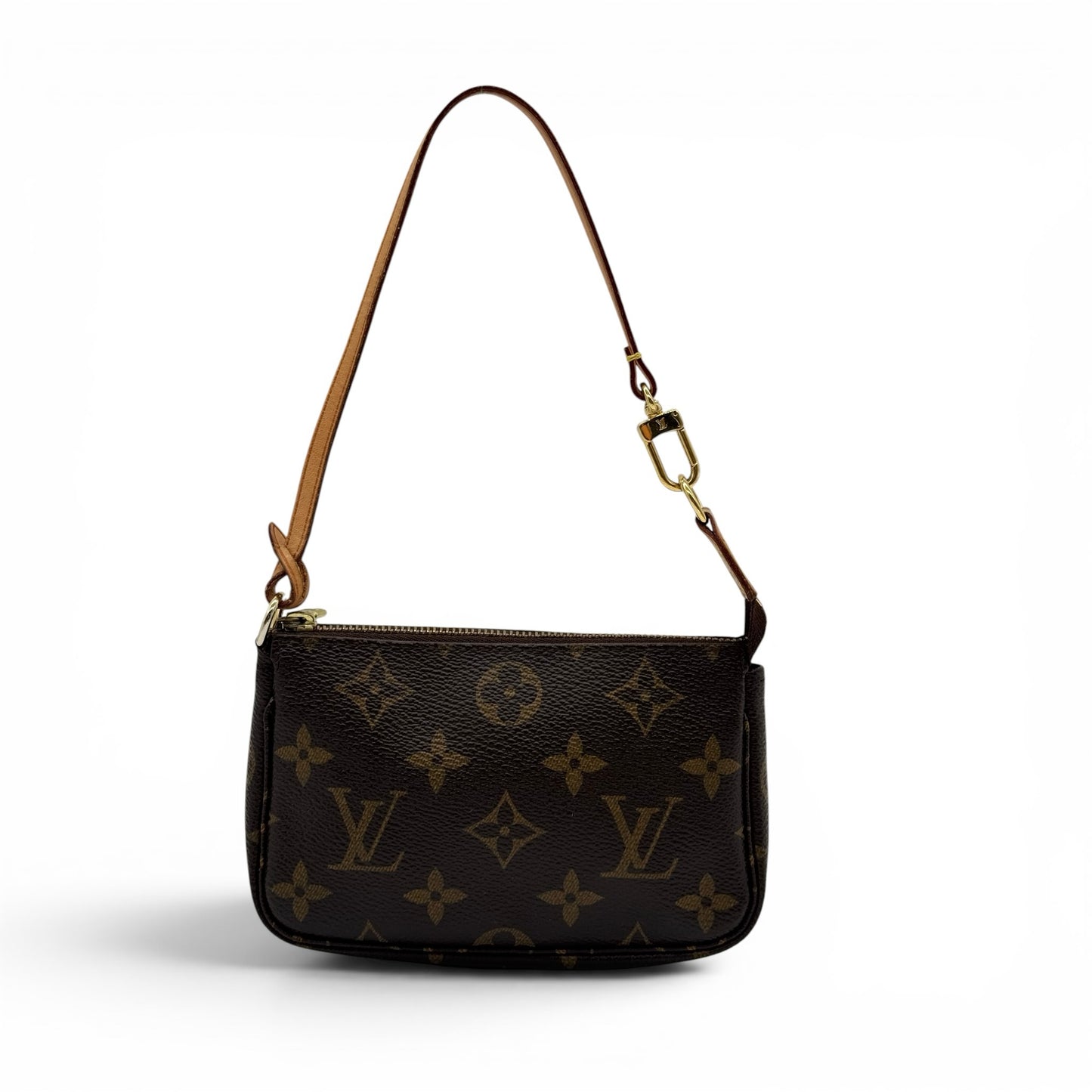 Pochette Accessoires Borse Vintage in tela Monogram marrone con finiture in vacchetta e tracolla rimovibile