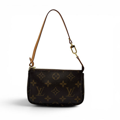 Pochette Accessoires Borse Vintage in tela Monogram marrone con finiture in vacchetta e tracolla rimovibile