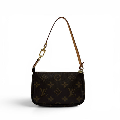 Pochette Accessoires Borse Vintage in tela Monogram marrone con finiture in vacchetta e dettagli in metallo dorato