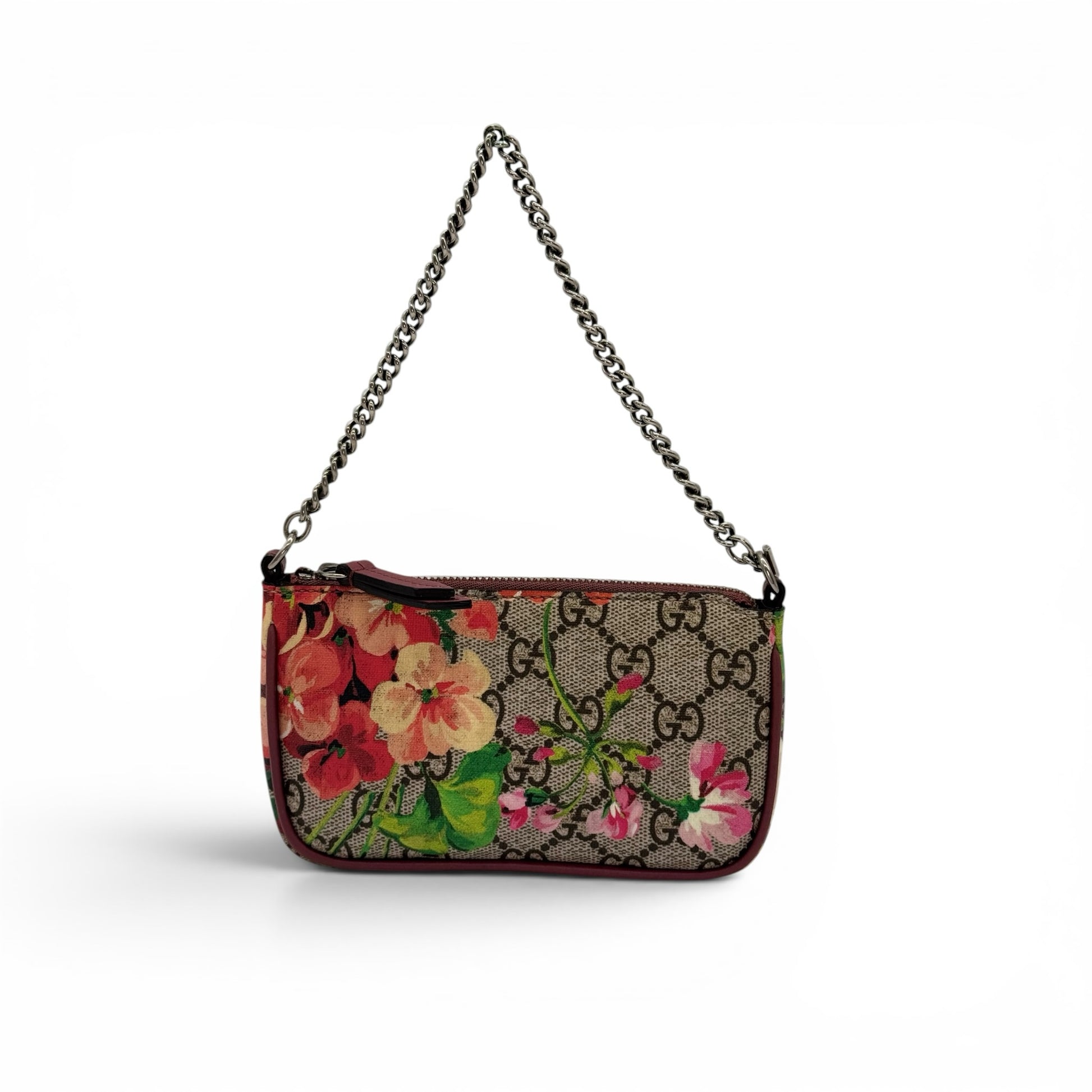 Pochette Borse Vintage Gucci in tela GG Supreme con stampa floreale, dettagli bordeaux e tracolla a catena metallica.