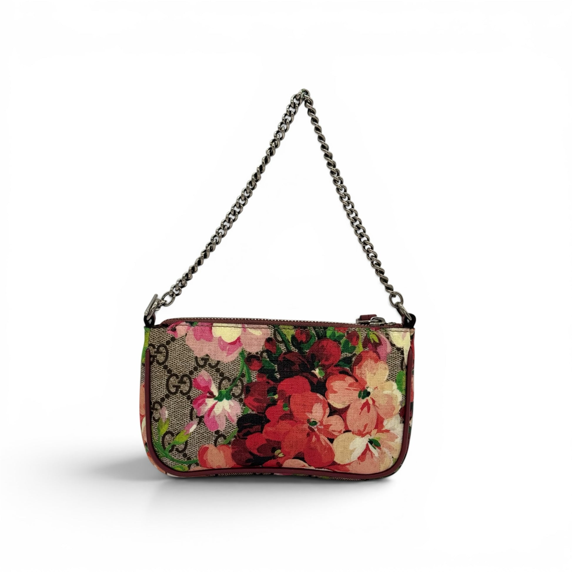 Pochette Borse Vintage Gucci in tela GG Supreme con stampa floreale, dettagli bordeaux e tracolla a catena metallica