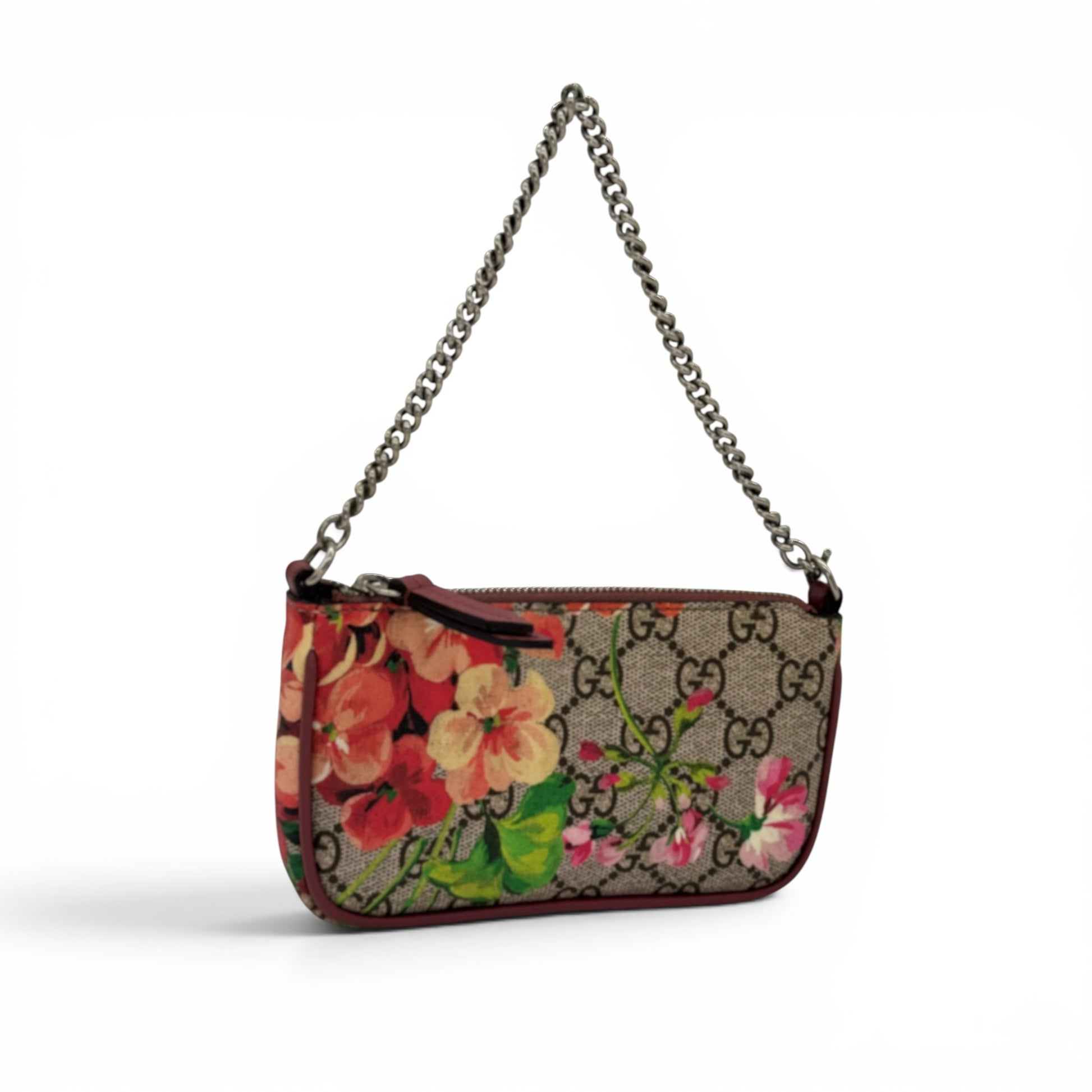 Pochette Borse Vintage Gucci in tela GG Supreme con stampa floreale, dettagli in pelle bordeaux e tracolla a catena