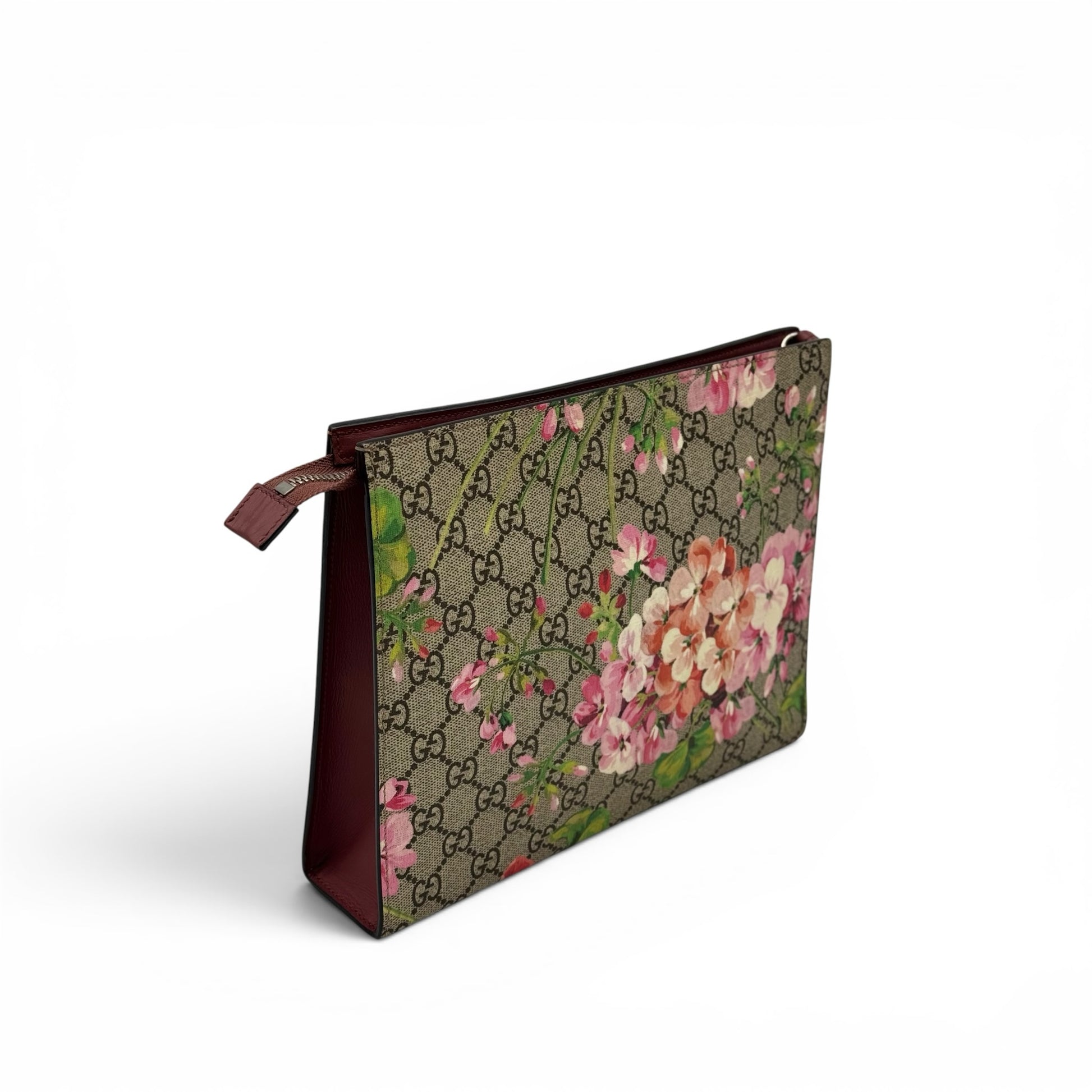 Pochette Borse Vintage Gucci in tela GG Supreme con stampa floreale e finiture in pelle bordeaux, vista laterale