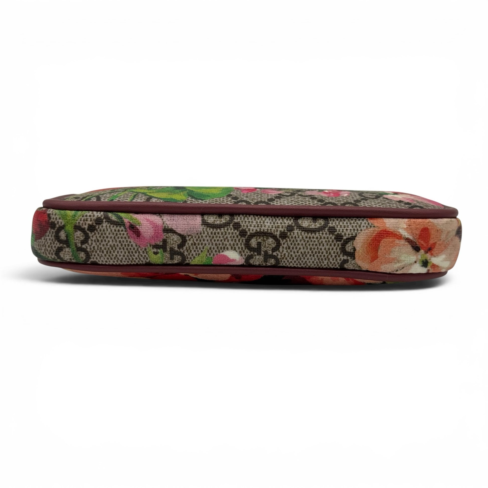 Pochette Borse Vintage Gucci in tela GG Supreme con stampa floreale e profili in pelle bordeaux vista di profilo