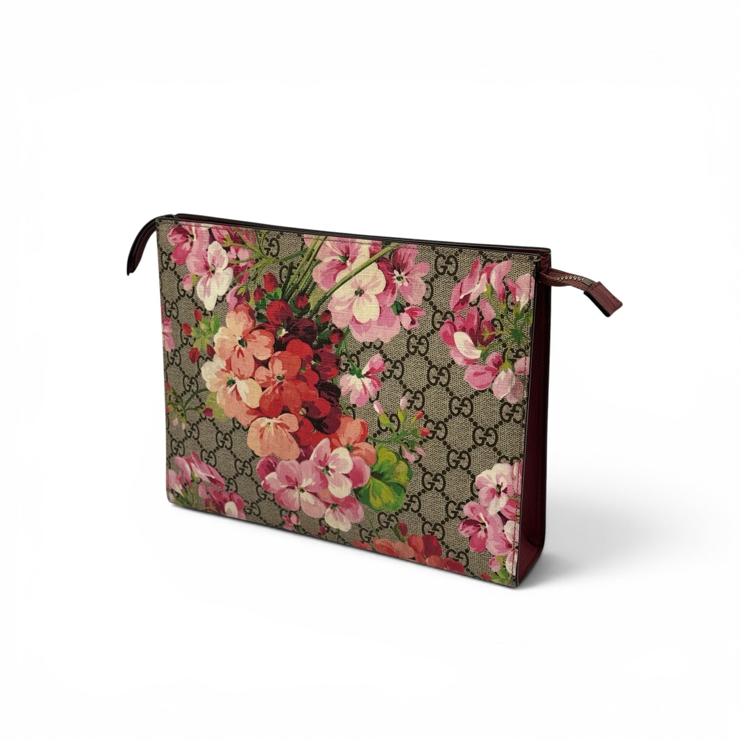 Pochette Borse Vintage Gucci in tela GG Supreme con stampa floreale rosa e dettagli in pelle bordeaux