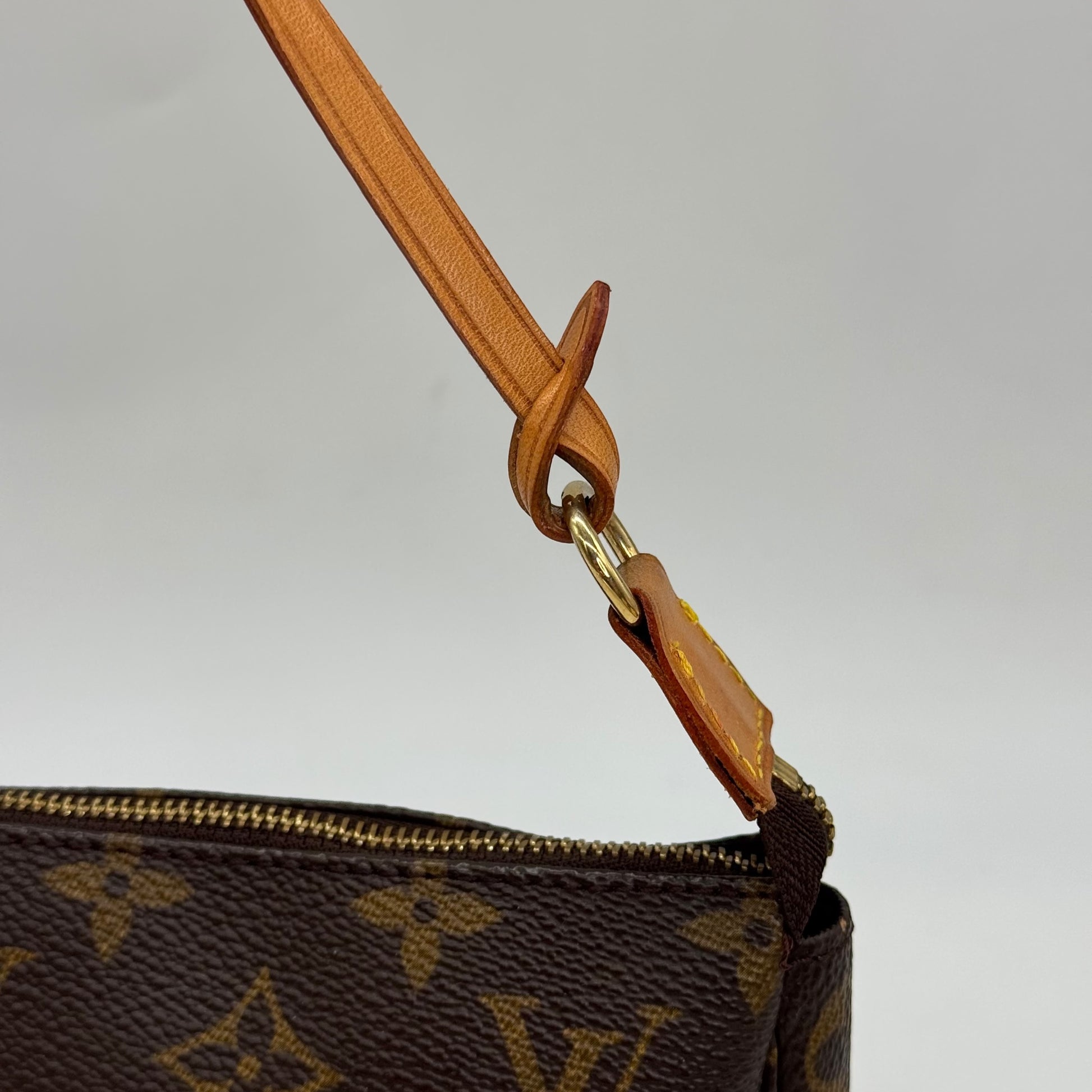 Dettaglio del cinturino in pelle e chiusura zip della pochette Borse Vintage Louis Vuitton in tela Monogram marrone