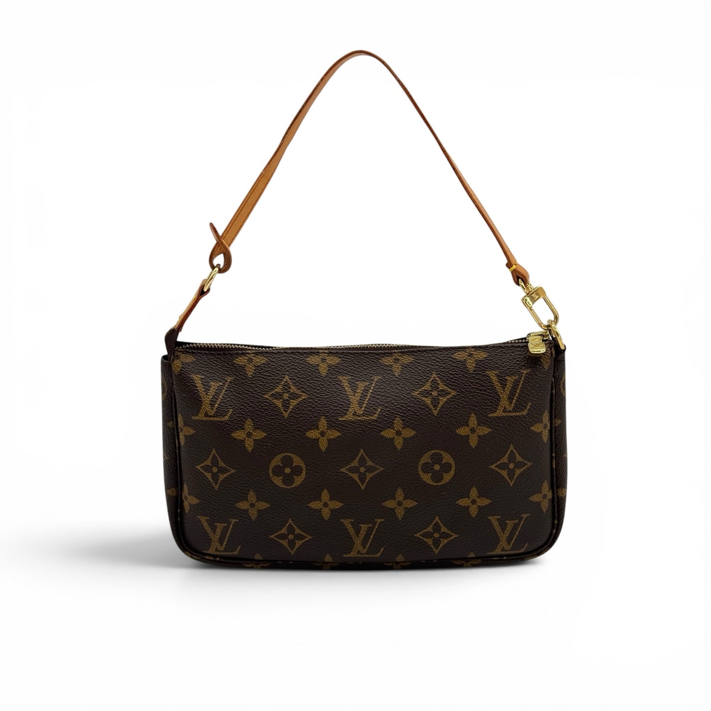 Pochette Louis Vuitton Pochette Accessoires Borse Vintage in tela Monogram marrone con dettagli in pelle e zip oro