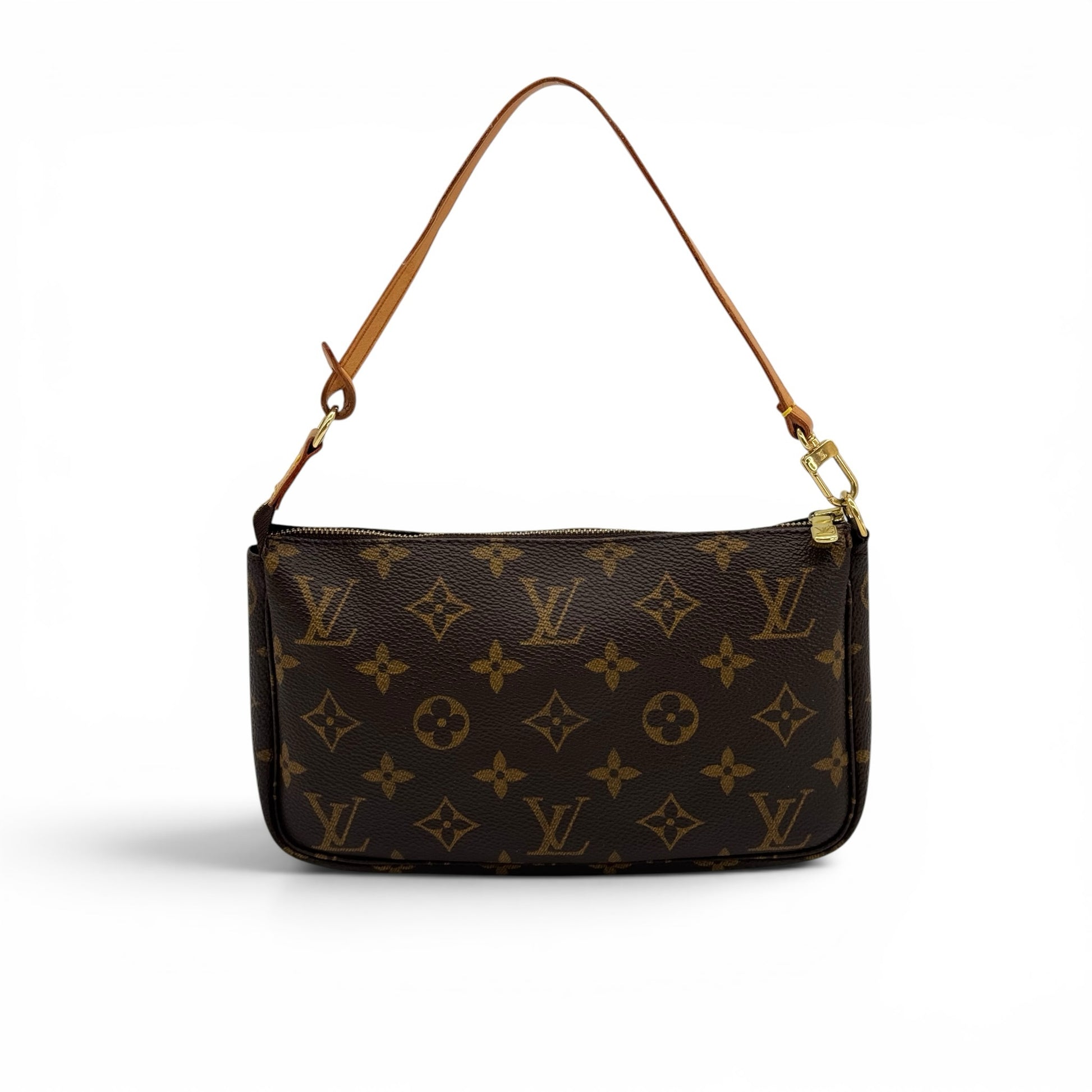 Pochette Louis Vuitton Pochette Accessoires Borse Vintage in tela Monogram marrone con dettagli in pelle e zip oro