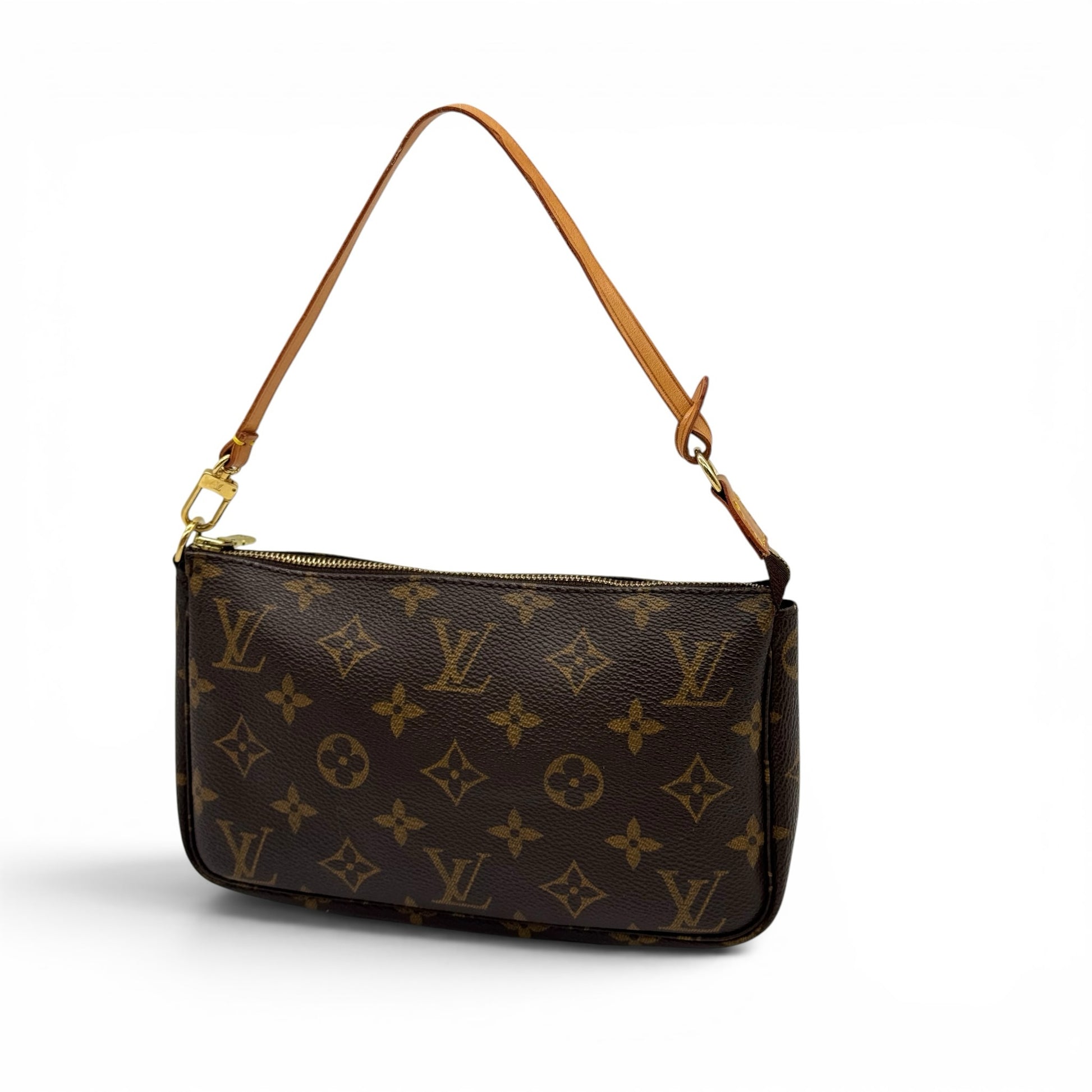 Pochette Louis Vuitton Pochette Accessoires Borse Vintage in tela Monogram marrone con dettagli in pelle e zip oro