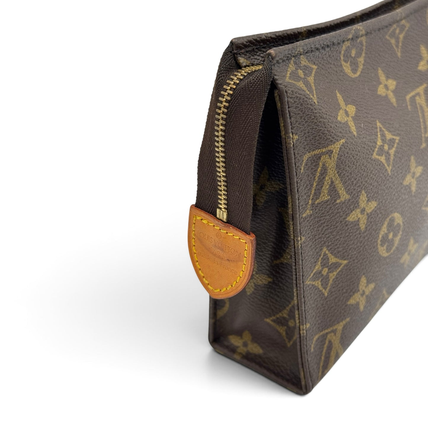 Pochette Borse Vintage Louis Vuitton in tela Monogram marrone con dettagli in pelle naturale e zip dorata