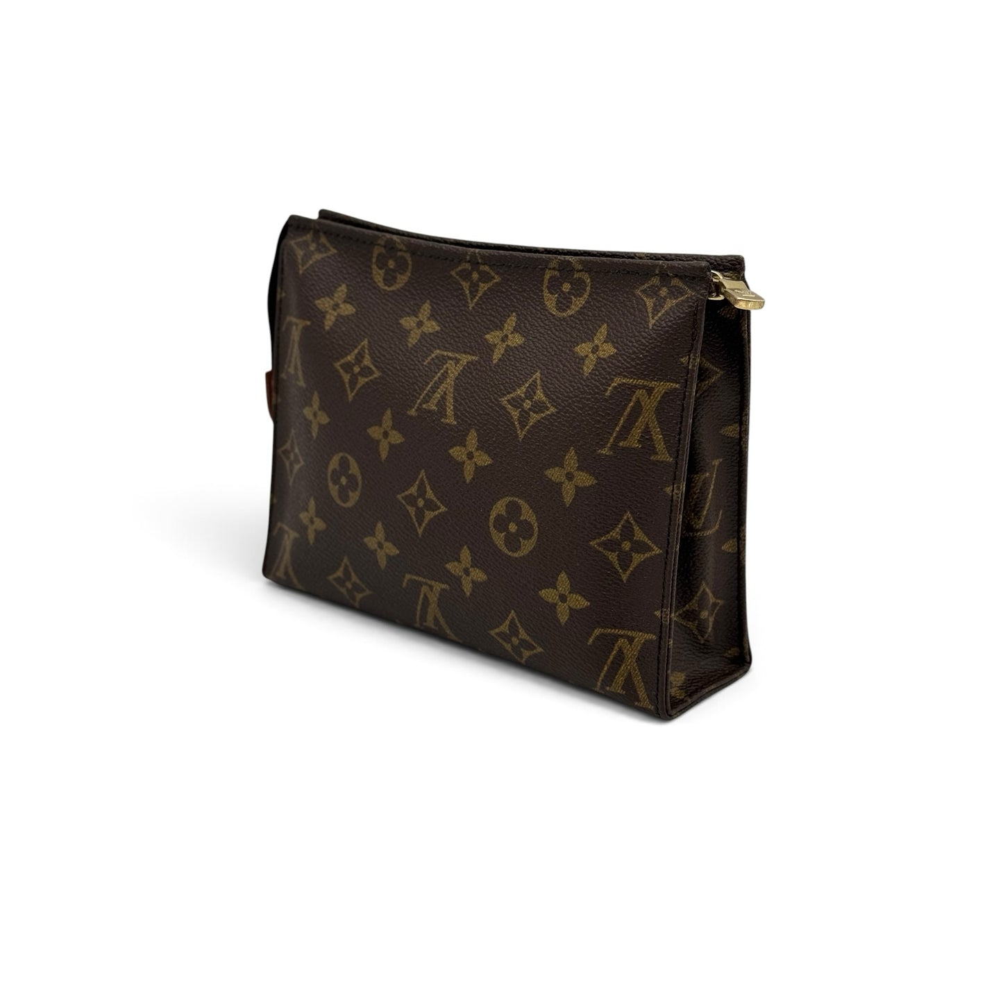 Pochette Borse Vintage Louis Vuitton in tela Monogram marrone con chiusura a zip dorata e design compatto