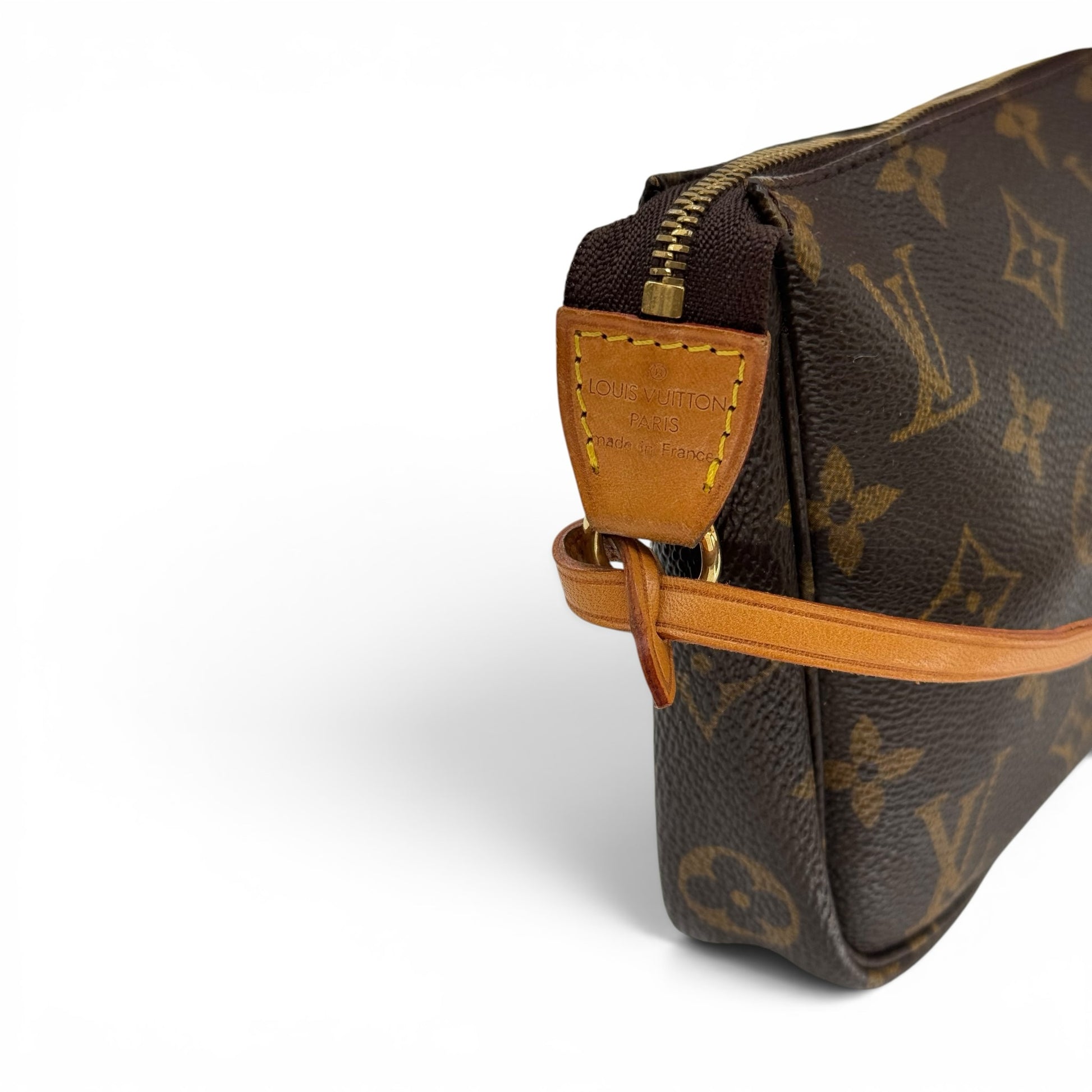 Pochette Louis Vuitton Pochette Accessoires Borse Vintage in tela Monogram marrone con dettagli in pelle naturale