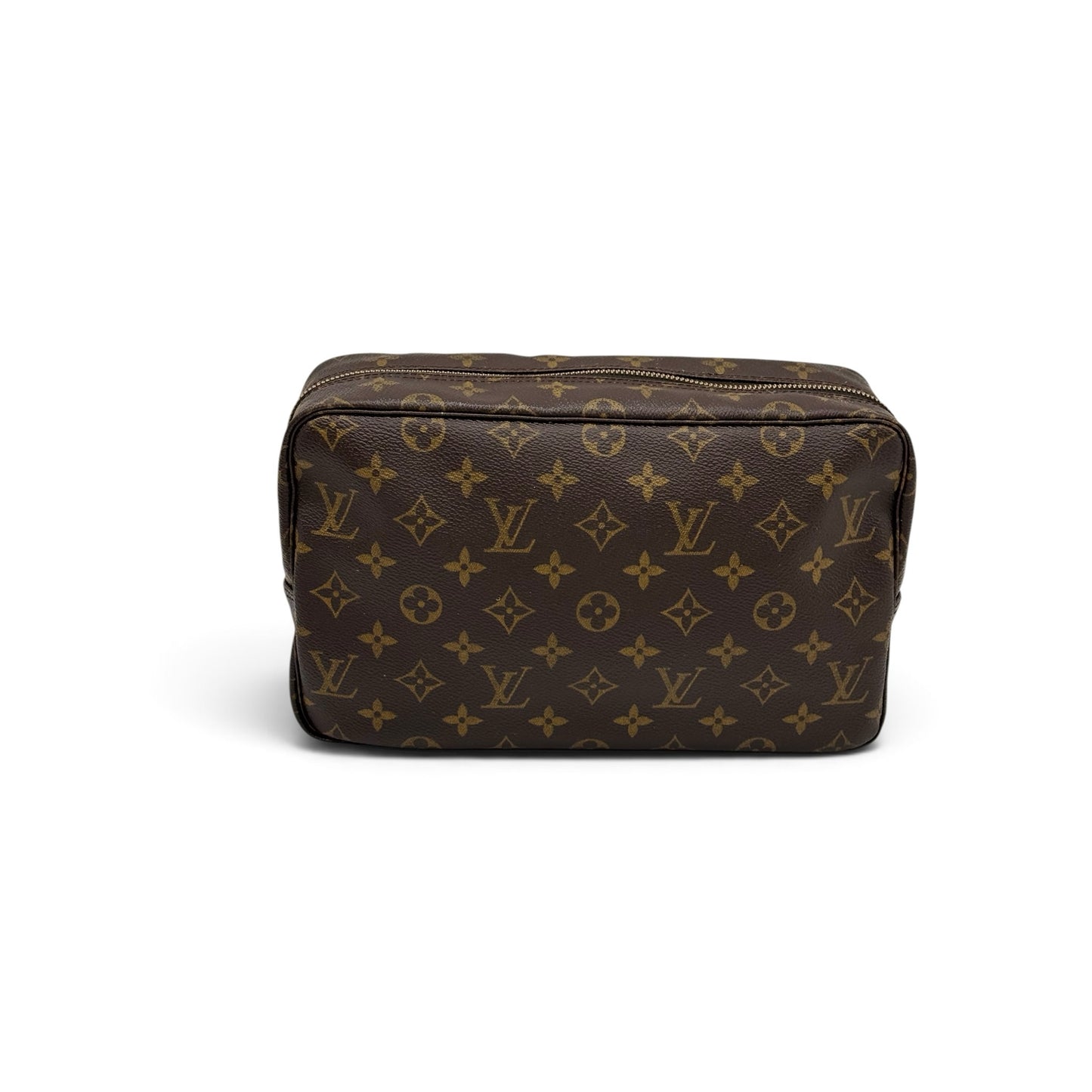 Pochette Louis Vuitton in tela Monogram marrone con motivo iconico e dettagli dorati, proposta da Borse Vintage.