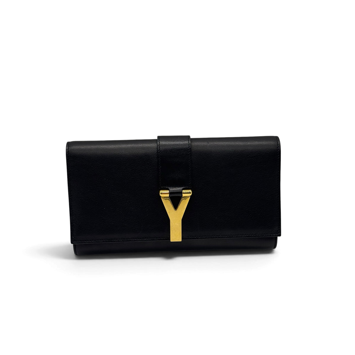 Pochette Borse Vintage Yves Saint Laurent in pelle nera con iconico logo Y metallico dorato su sfondo bianco