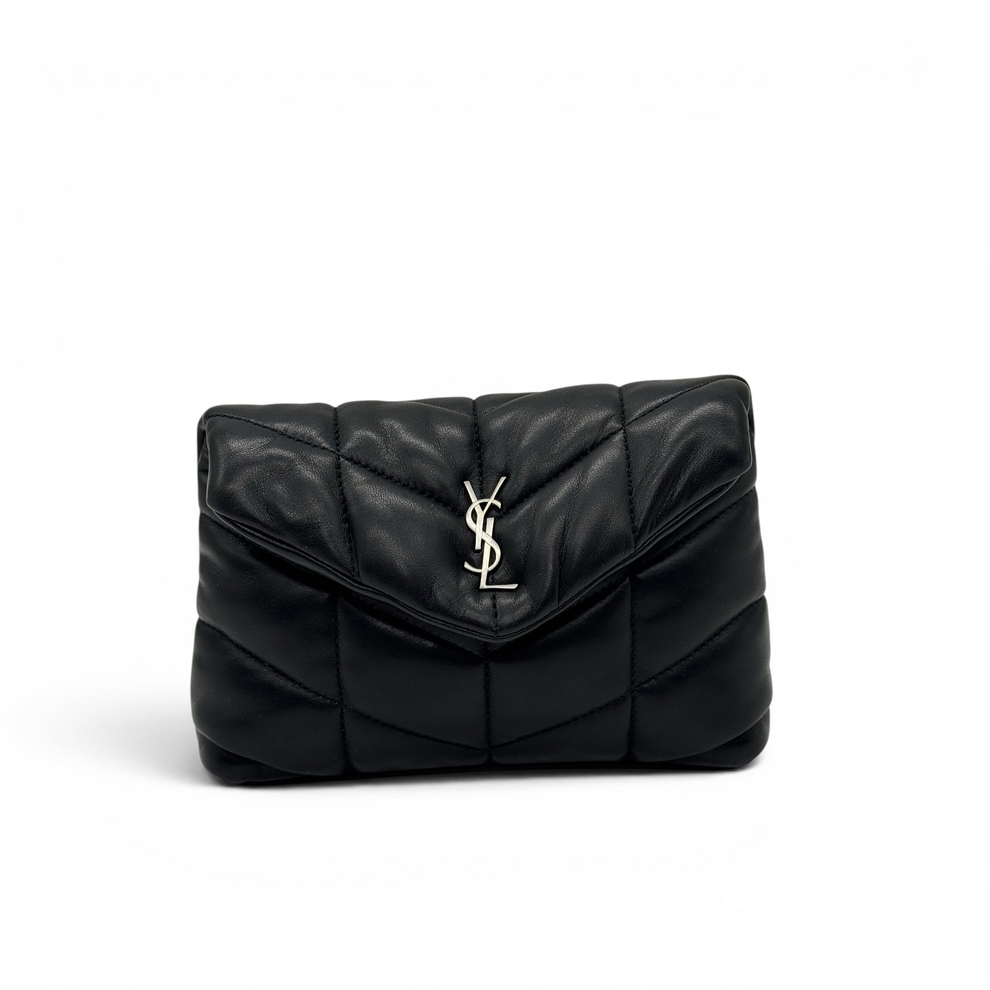 Pochette Borse Vintage Saint Laurent nera in pelle matelassé con logo YSL argento