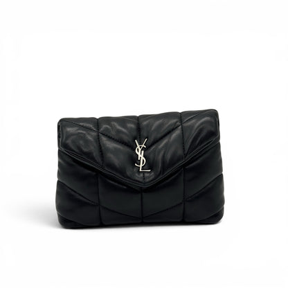 Pochette Borse Vintage Saint Laurent nera in pelle matelassé con logo YSL argento