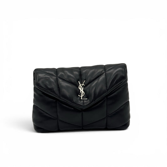 Pochette Borse Vintage Saint Laurent nera in pelle matelassé con logo YSL argento