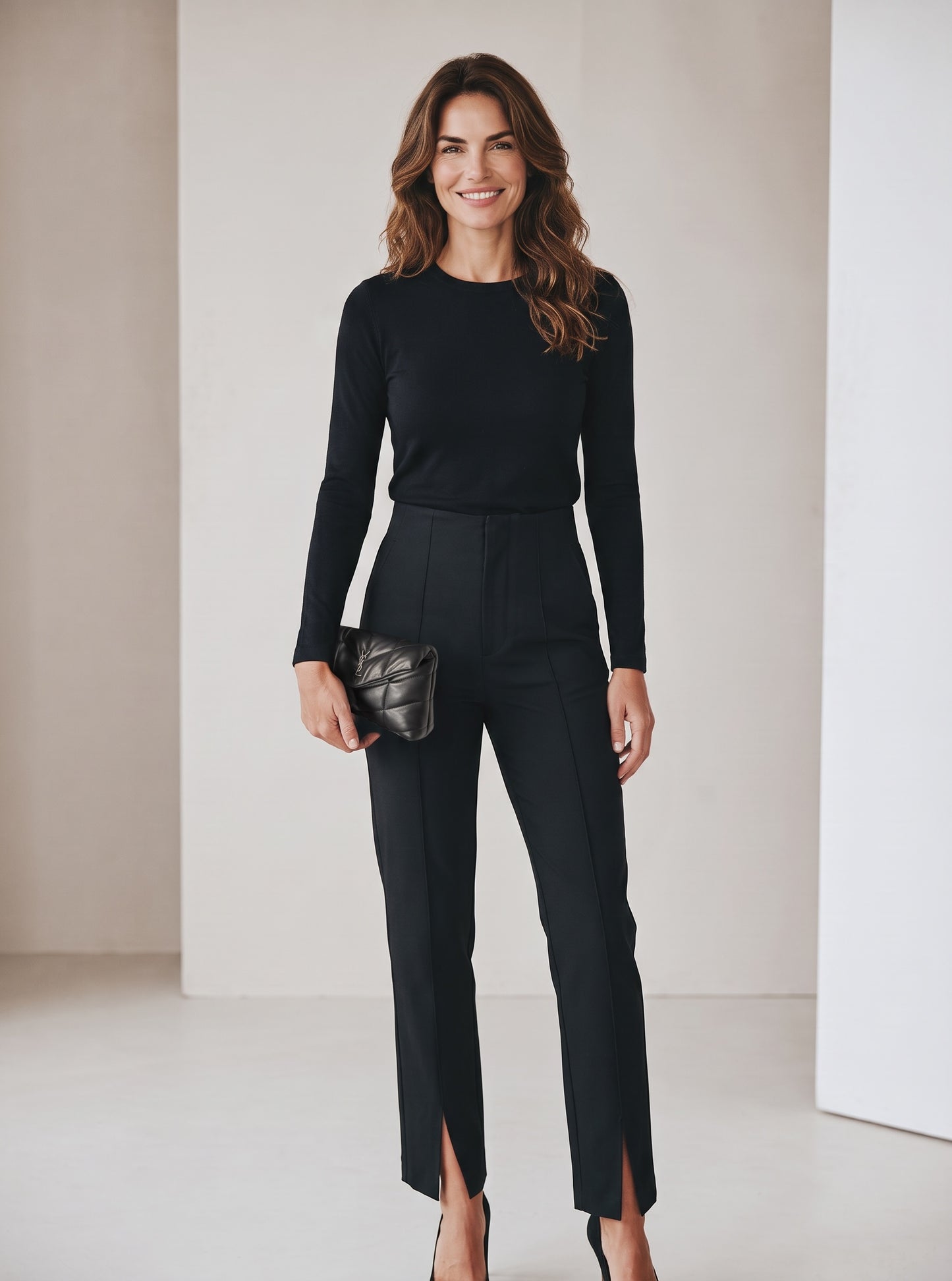 Modella sorridente indossa un completo nero con la pochette Borse Vintage Saint Laurent trapuntata in pelle nera