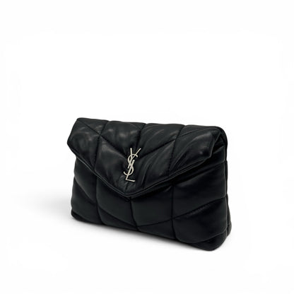 Pochette Borse Vintage Saint Laurent nera in pelle trapuntata con logo YSL argento