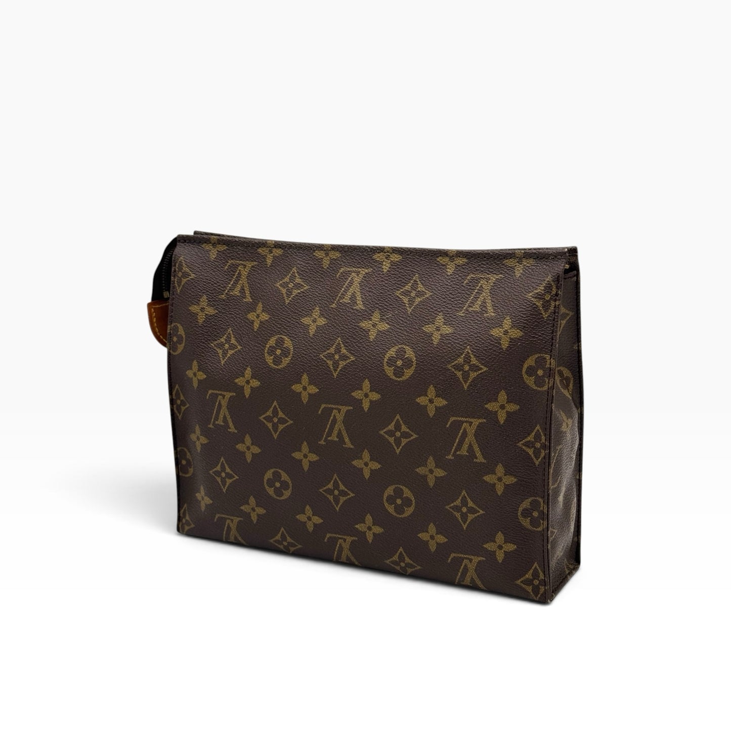 Pochette Toilette Louis Vuitton in tela Monogram marrone proposta da Borse Vintage, vista laterale con chiusura a zip.