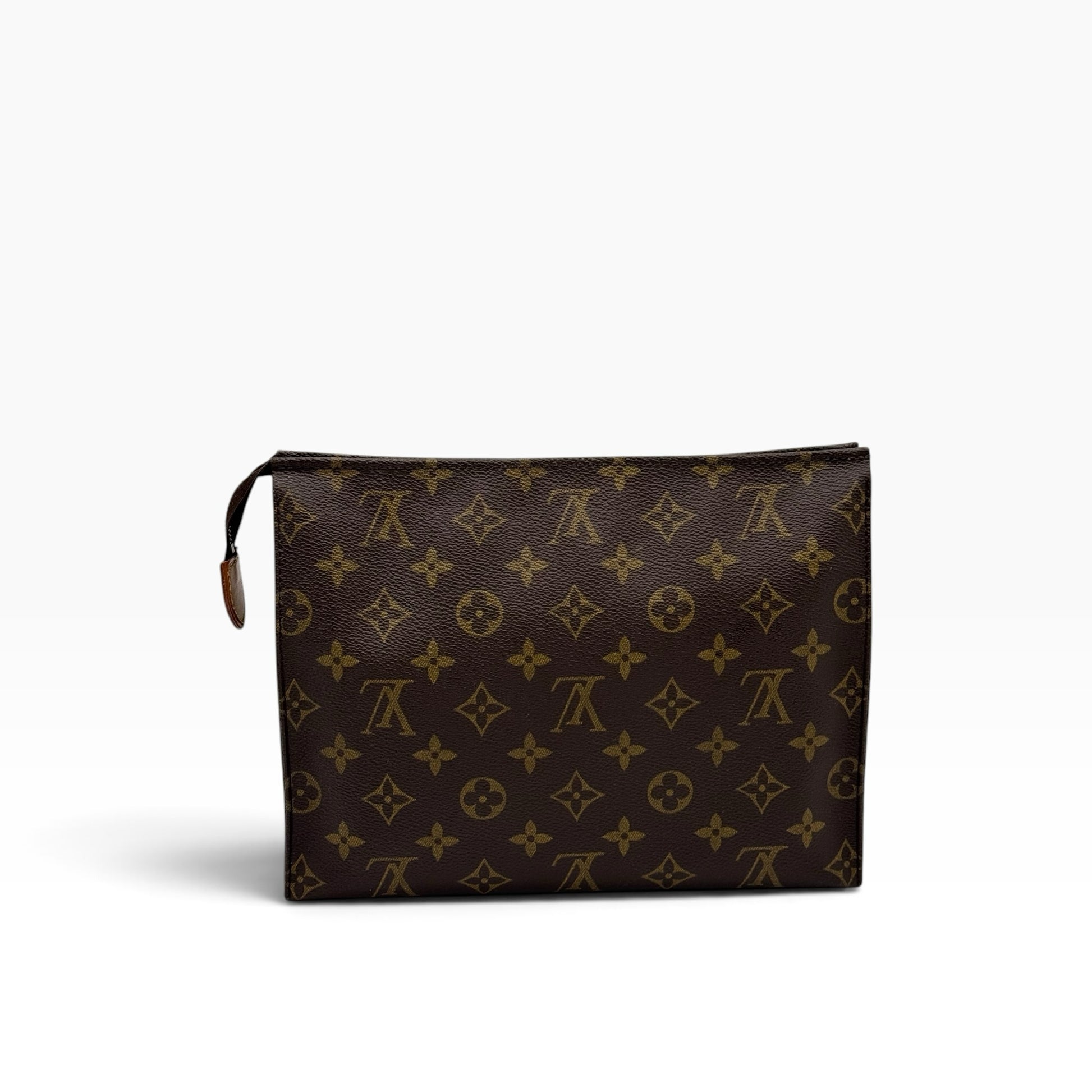 Pochette Toilette Borse Vintage in tela Monogram marrone con chiusura a zip e dettagli in pelle naturale