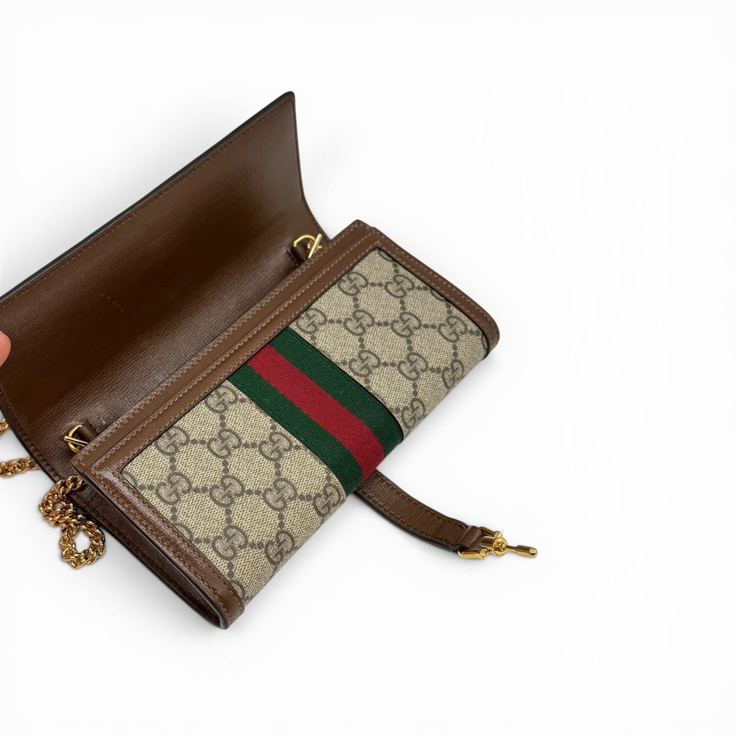 Portafoglio a tracolla Borse Vintage Gucci Jackie in tela GG Supreme con nastro Web, finiture in pelle e catena oro