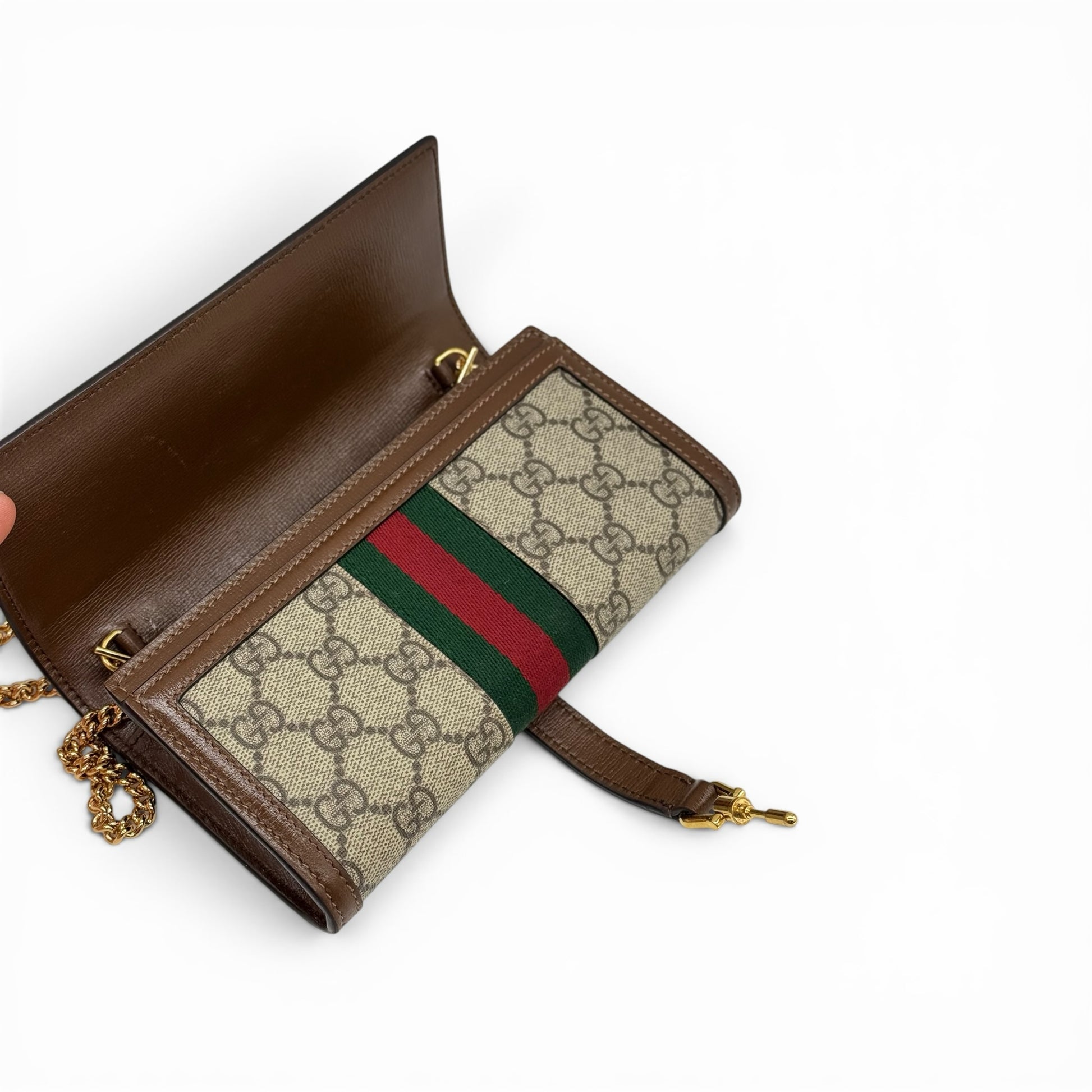 Portafoglio a tracolla Borse Vintage Gucci Jackie in tela GG Supreme con nastro Web, finiture in pelle e catena oro