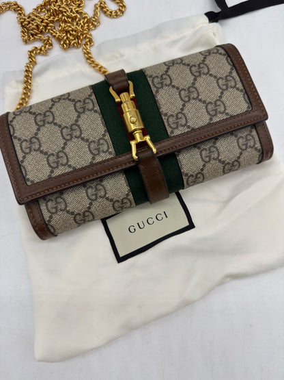 Portafoglio a tracolla Borse Vintage Gucci Jackie in tela GG Supreme con nastro Web, finiture in pelle e catena oro