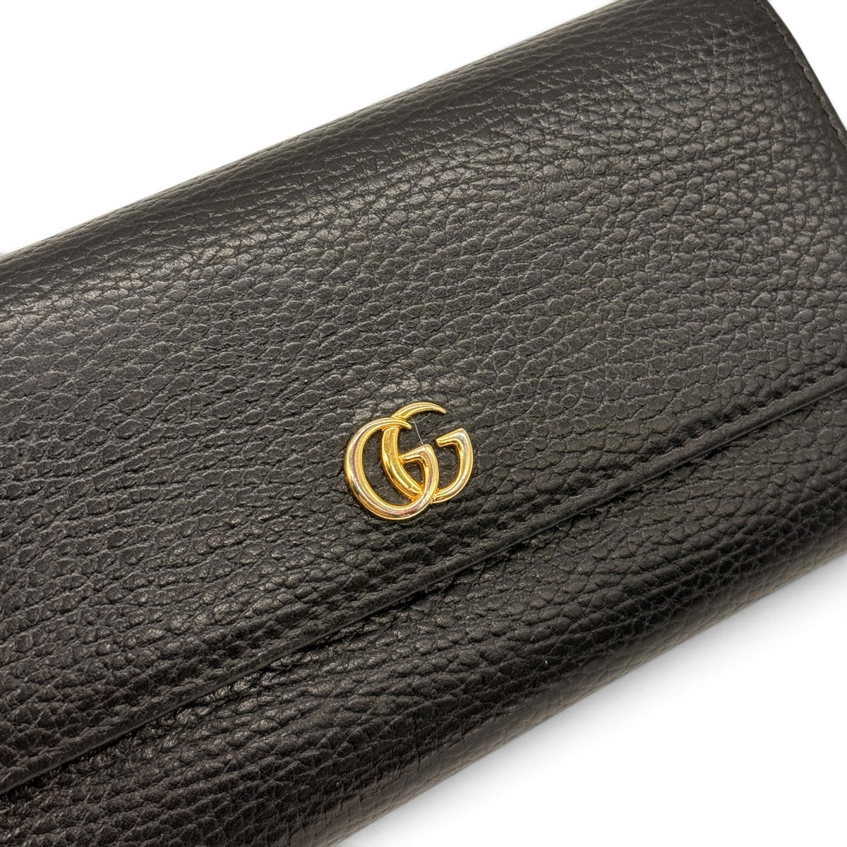 Portafoglio lungo Borse Vintage in pelle nera martellata con logo Gucci metallico dorato sul davanti