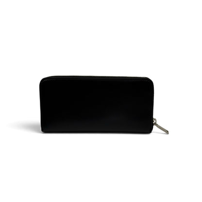 Portafoglio lungo Borse Vintage in pelle nera con chiusura a zip e logo metallico argento
