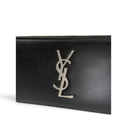 Portafoglio lungo Borse Vintage in pelle nera con logo metallico argento Saint Laurent e chiusura a zip