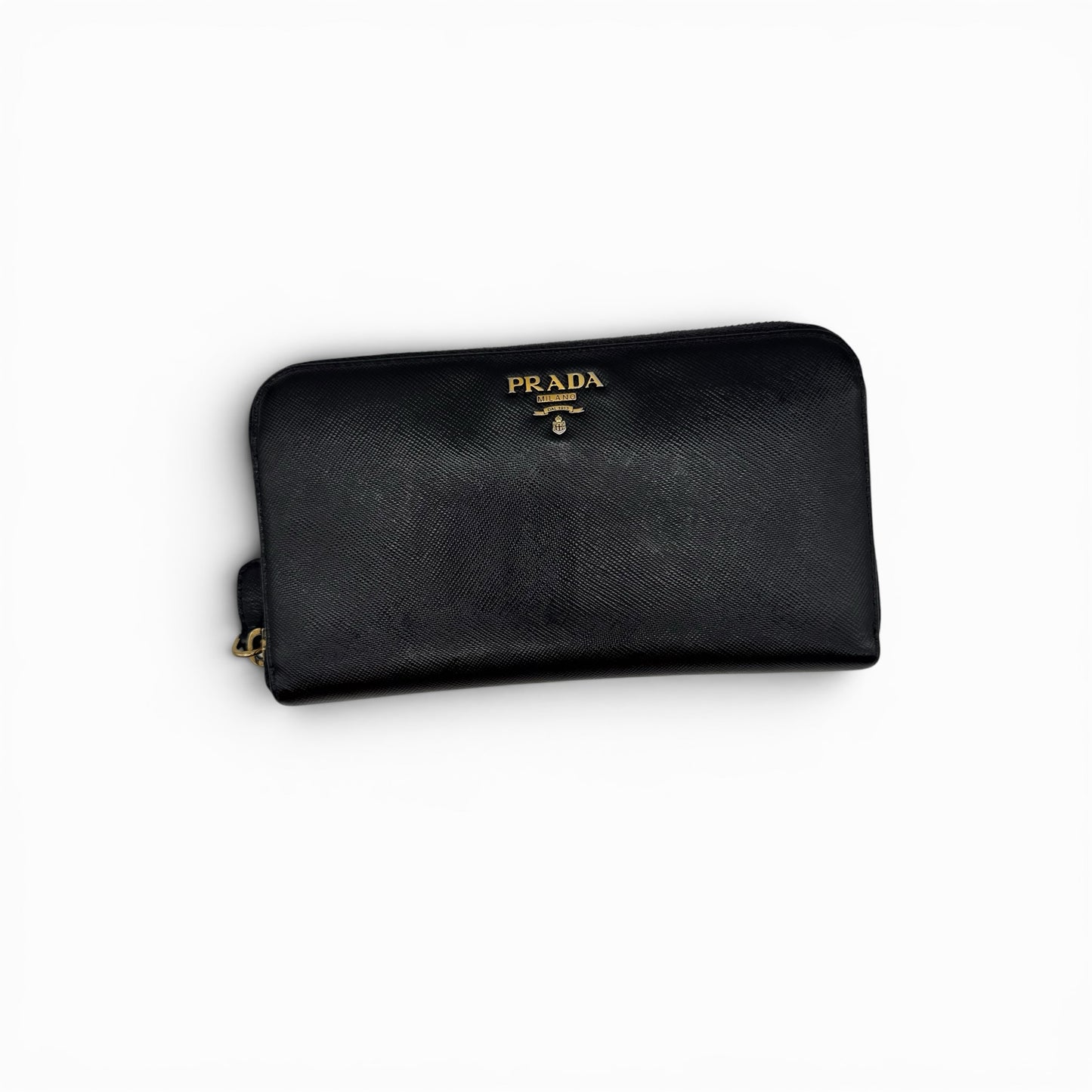 Portafoglio lungo Borse Vintage Prada in pelle Saffiano nera con logo dorato e chiusura a zip perimetrale
