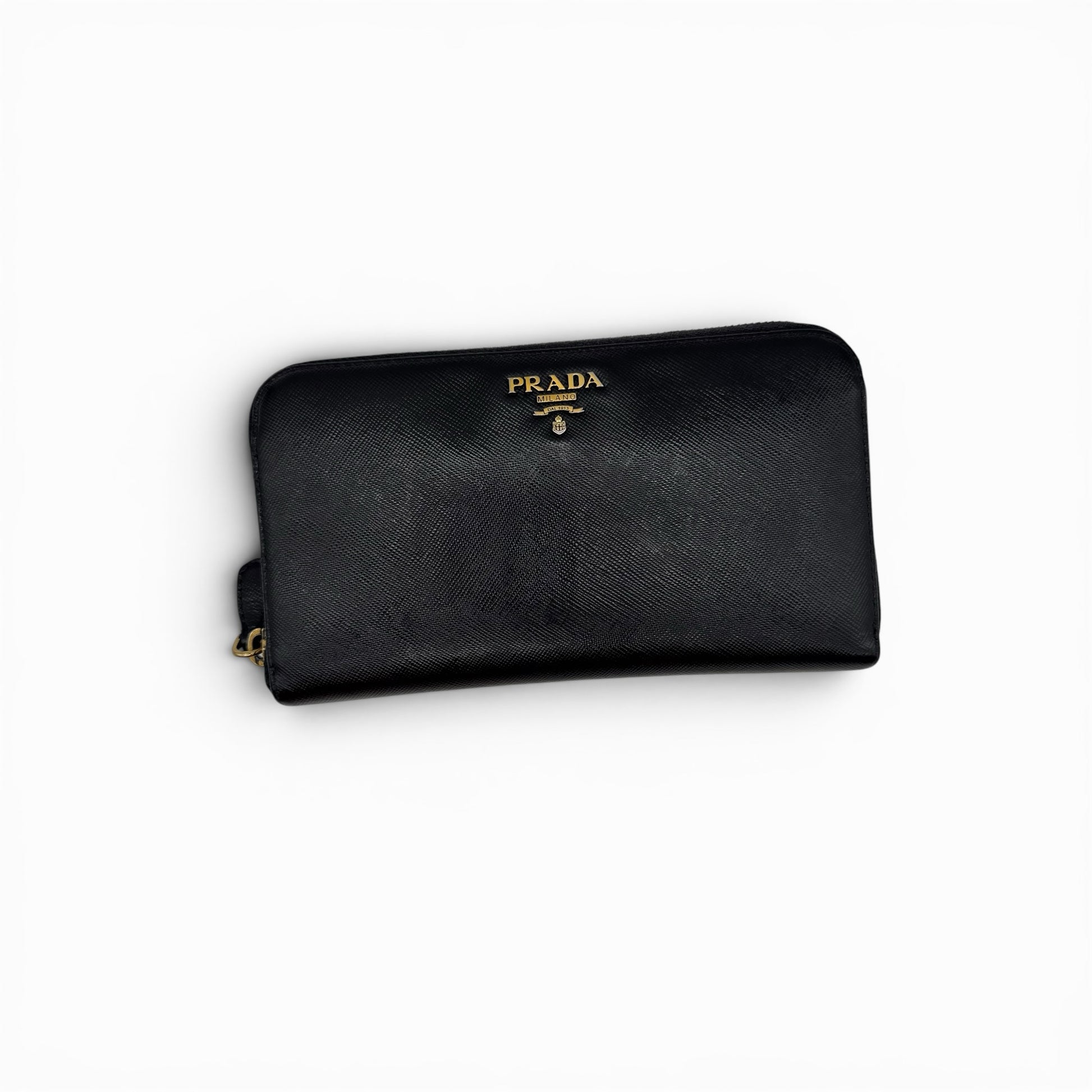 Portafoglio lungo Borse Vintage Prada in pelle Saffiano nera con logo dorato e chiusura a zip perimetrale