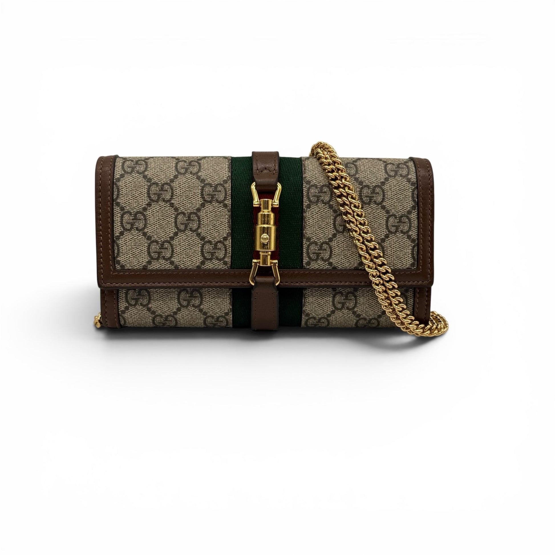 Portafoglio a tracolla Borse Vintage Gucci Jackie in tela GG Supreme con nastro Web, finiture in pelle e catena dorata