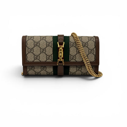Portafoglio a tracolla Borse Vintage Gucci Jackie in tela GG Supreme con nastro Web, finiture in pelle e catena dorata