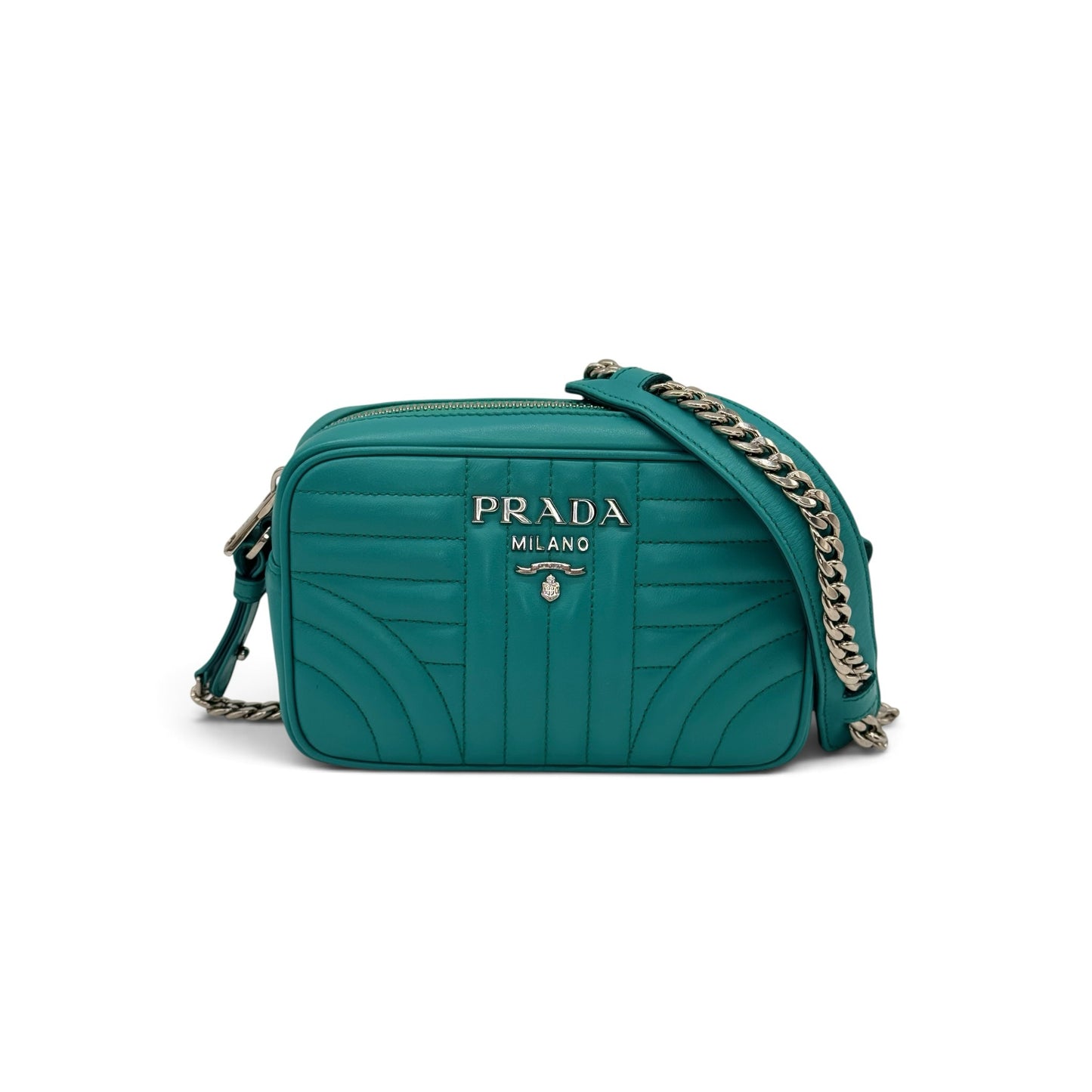 Borsa a tracolla Borse Vintage Prada in pelle trapuntata verde smeraldo con logo metallico e catena argentata