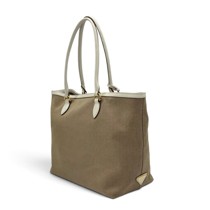 Borsa tote Borse Vintage Prada in tessuto tecnico kaki con profili e manici in pelle bianca e dettagli dorati