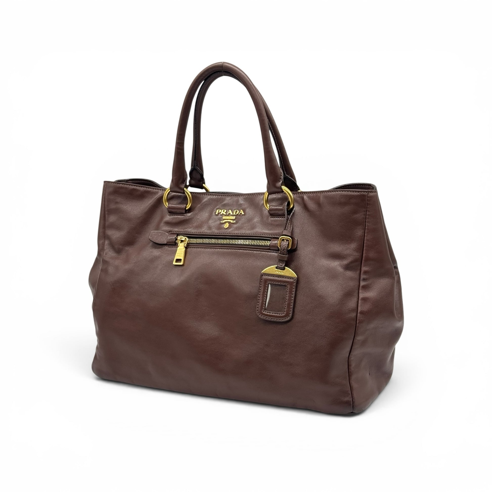 Borsa tote Borse Vintage Prada in pelle marrone con dettagli in metallo dorato e tasca frontale con zip