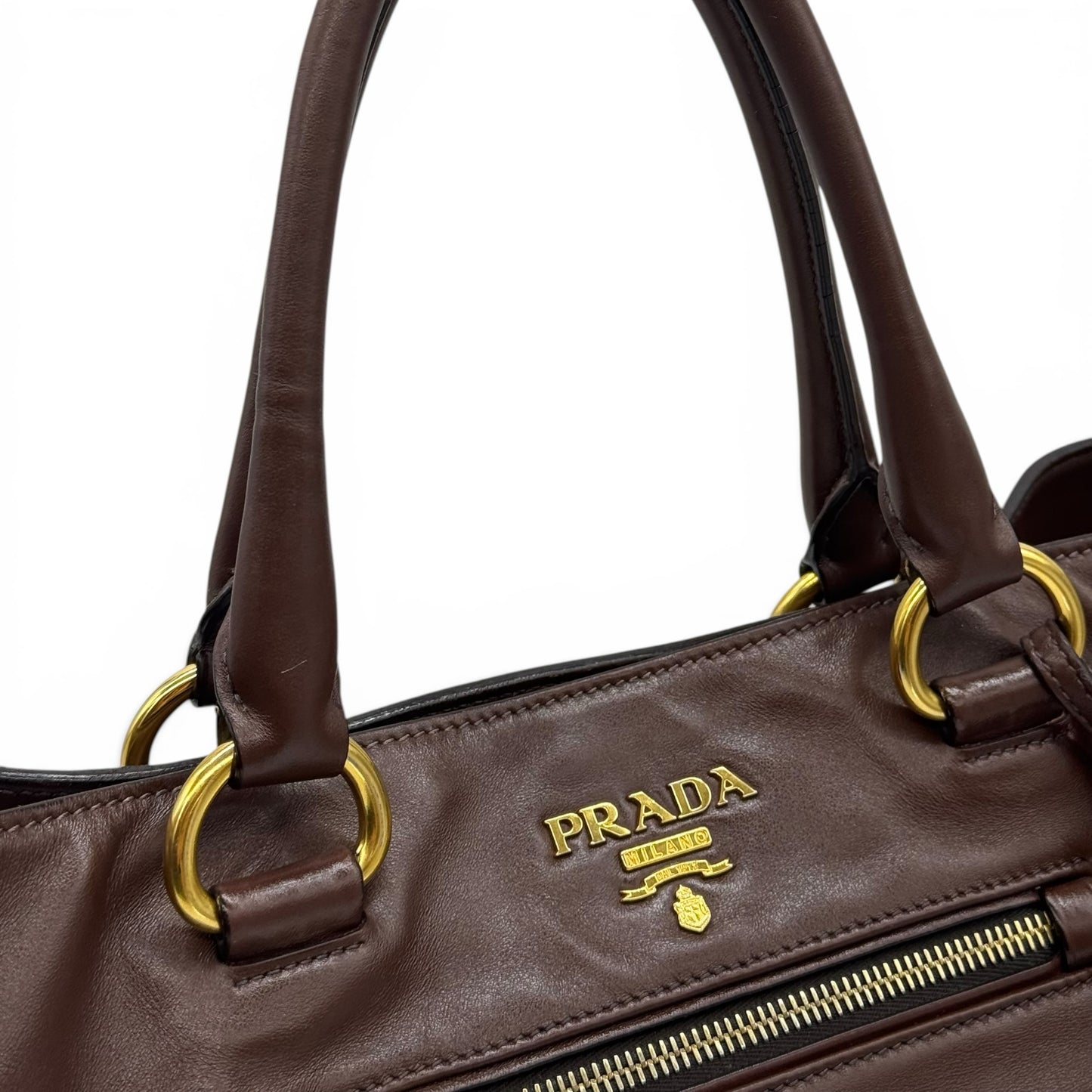 Borsa tote Borse Vintage Prada in pelle marrone con logo dorato e dettagli in metallo