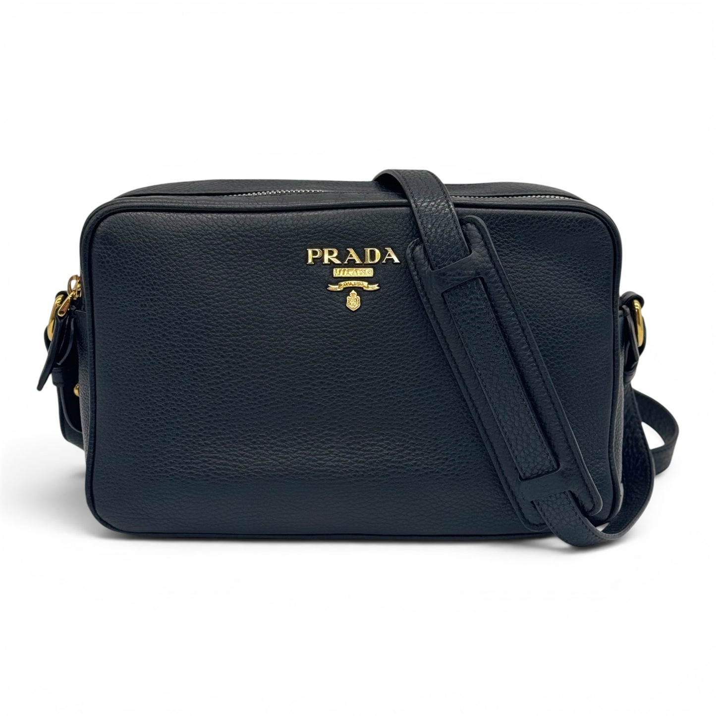 Borsa a tracolla Borse Vintage Prada in pelle nera martellata con logo dorato e chiusura a zip