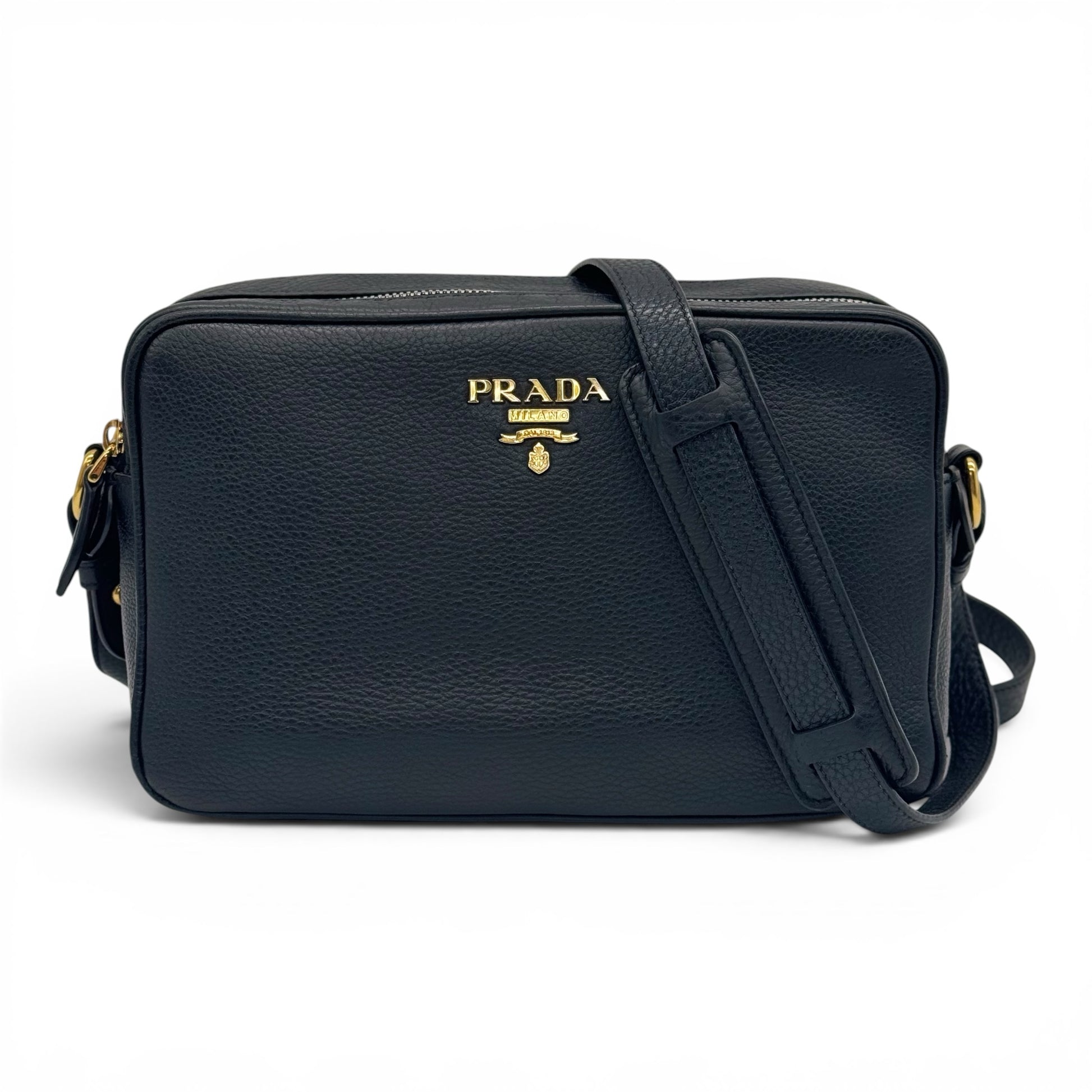 Borsa a tracolla Borse Vintage Prada in pelle nera martellata con logo dorato e chiusura a zip