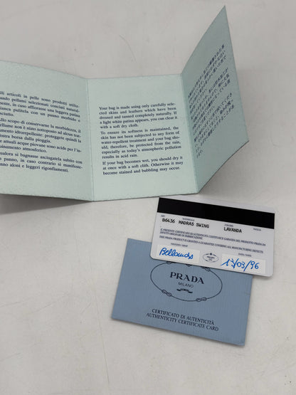 Certificato di autenticità Borse Vintage per borsa Prada Madras Swing color lavanda con data 13 marzo 1996