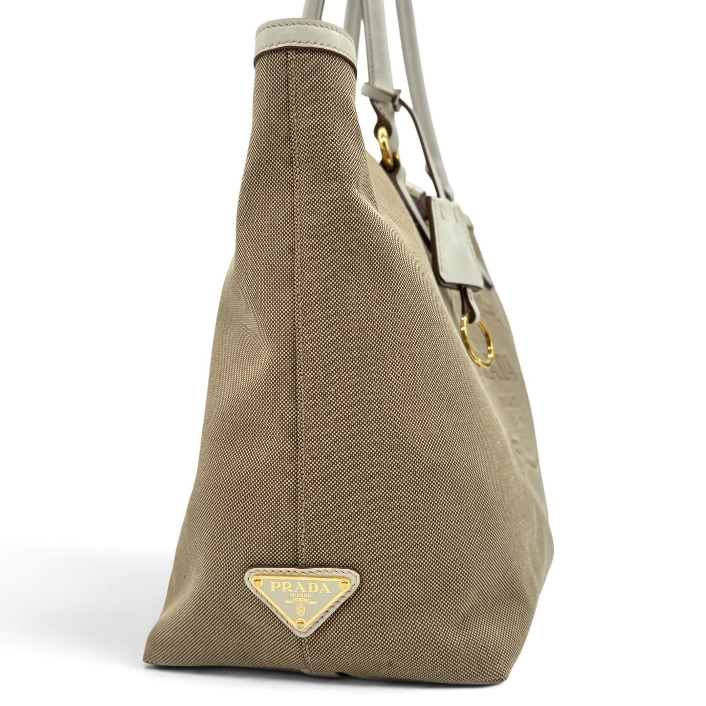 Borsa tote Borse Vintage Prada in tessuto tecnico kaki con dettagli in pelle bianca e logo triangolare dorato