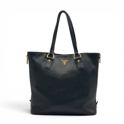 Borsa tote Borse Vintage Prada in pelle martellata nera con dettagli in metallo dorato e doppi manici