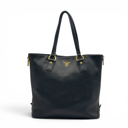Borsa tote Borse Vintage Prada in pelle martellata nera con dettagli in metallo dorato e doppi manici