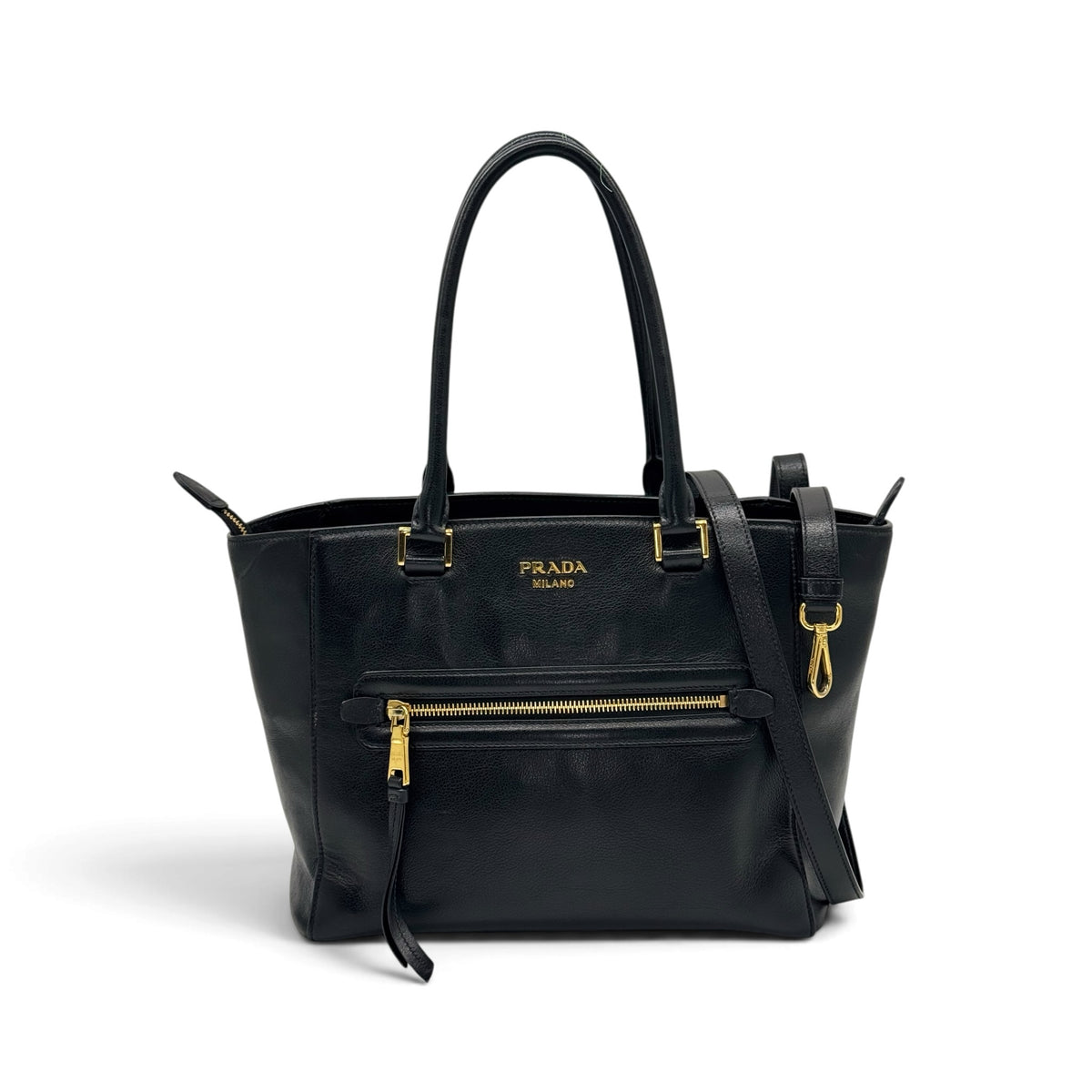 Borsa tote Borse Vintage Prada in pelle nera martellata con dettagli in metallo dorato e tracolla rimovibile.