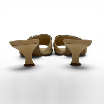 Sandali mules Borse Vintage Fendi in pelle color crema con tacco a rocchetto e dettagli floreali, vista posteriore