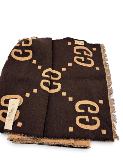Sciarpa Borse Vintage Gucci in lana marrone e beige con motivo GG all-over e bordi sfrangiati
